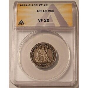1891 S Seated Liberty Quarter VF20 ANACS Toned